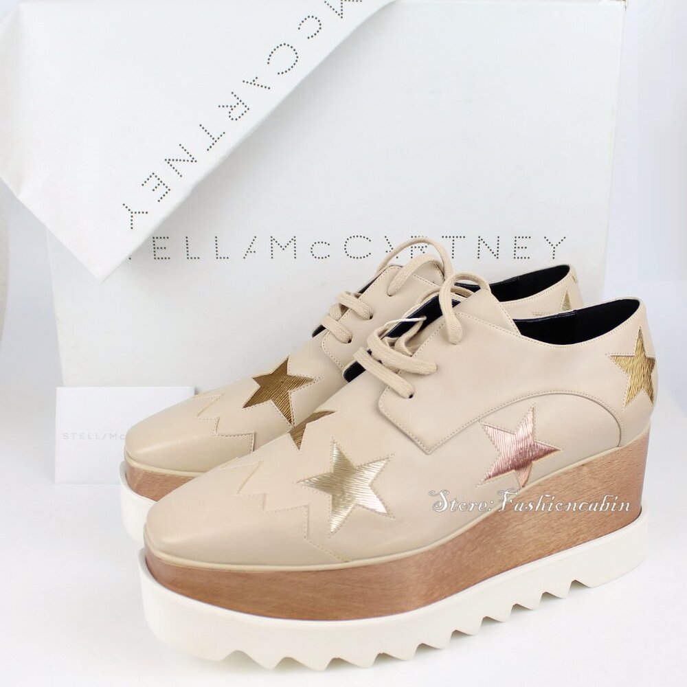 NEW Stella Mccartney Elyse Star Platform Sneakers, Beige Rose Gold Star, EU 40.5